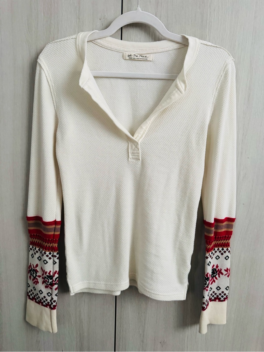 Free People Cream Thermal Henley with Red Patterned Sleeves